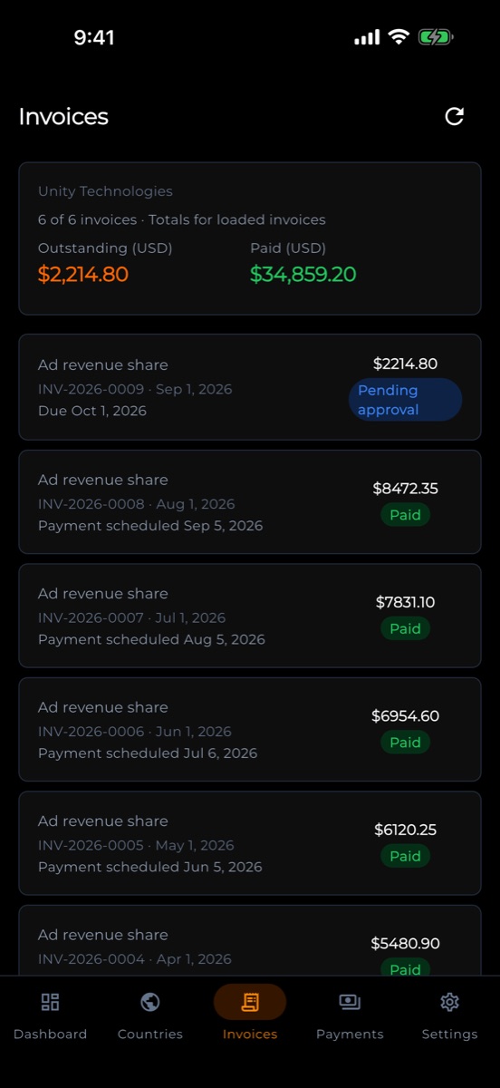 Invoices list with outstanding and paid totals