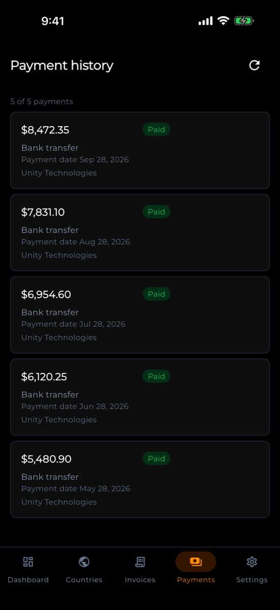 Payment history with paid bank transfers